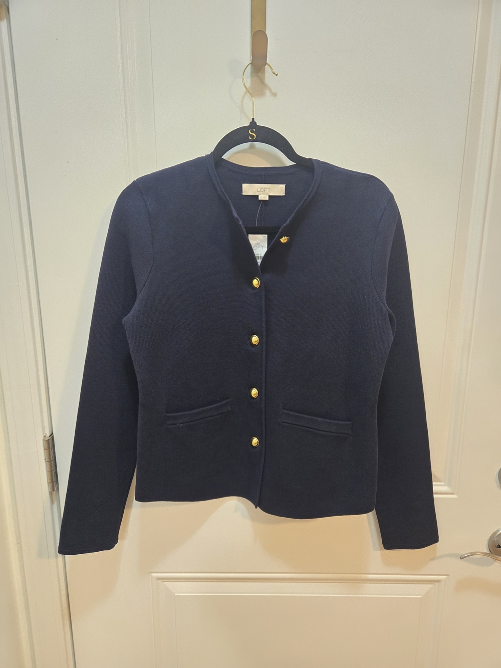 LOFT Navy Crewneck Blazer with Gold Buttons